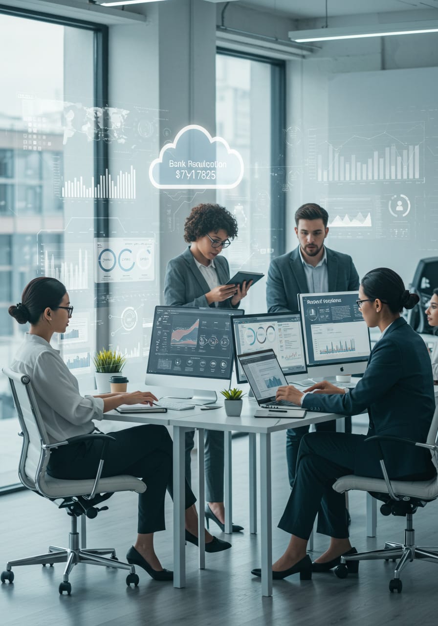 Equipo usando plataformas cloud para conciliación bancaria, DTE, gestión documental y remuneraciones con soluciones de 2WIN Chile.