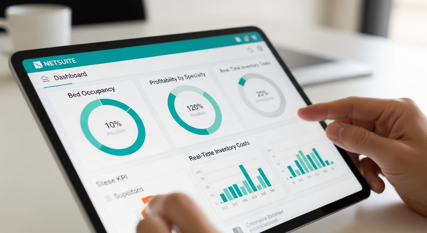 Dashboard de Oracle NetSuite mostrando KPIs de gestión hospitalaria, como la rentabilidad por especialidad.