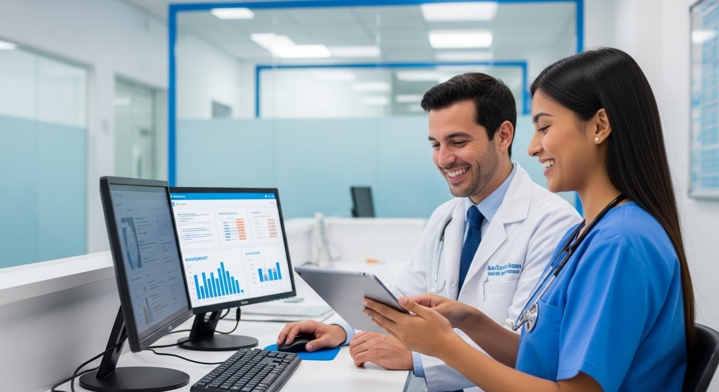 Equipo médico en una clínica chilena revisando un ERP para clínicas en una pantalla con dashboards.