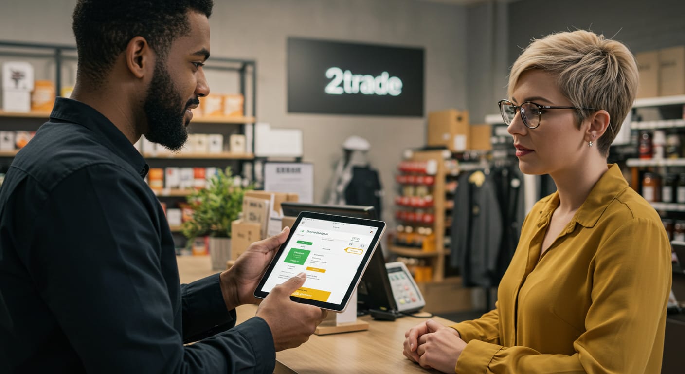 Vendedor de retail usando una tablet con la app 2Trade para gestionar un pedido frente a un cliente.