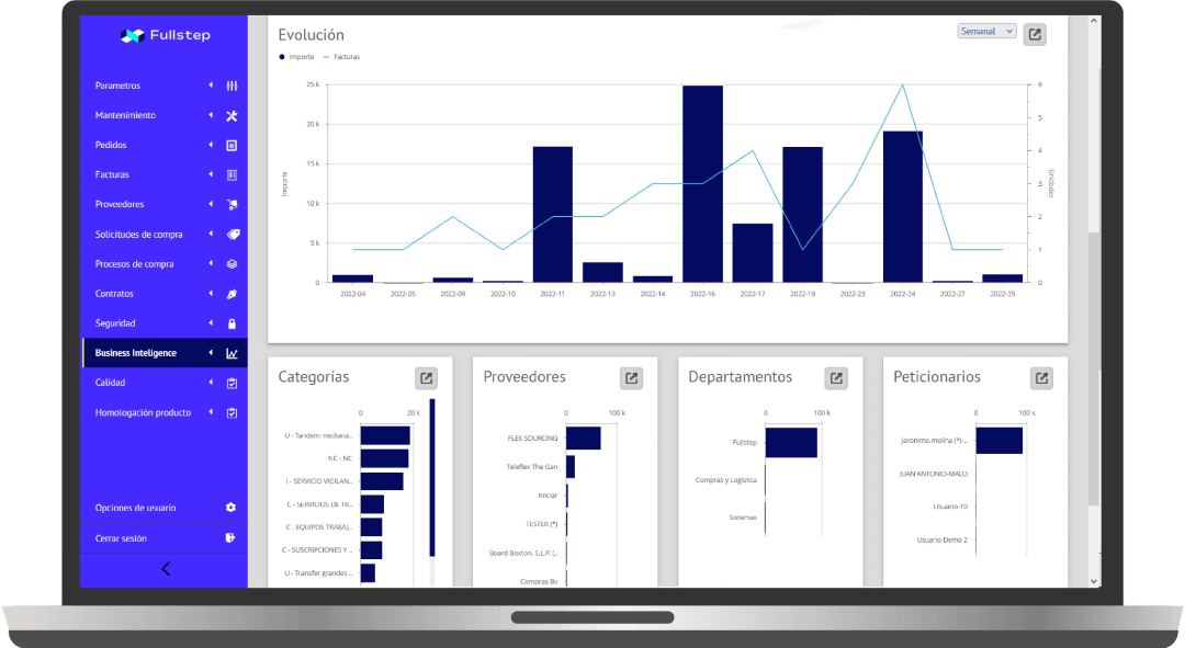 Plataforma de gestión de compras Fullstep en un laptop
