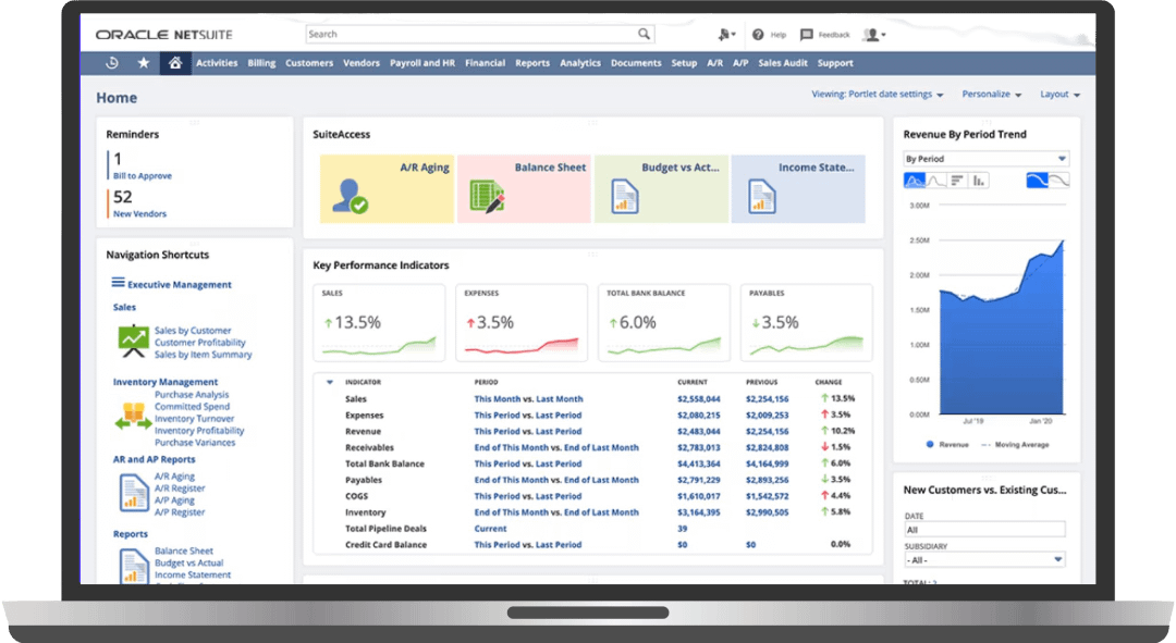 Dashboard de Oracle NetSuite en un laptop