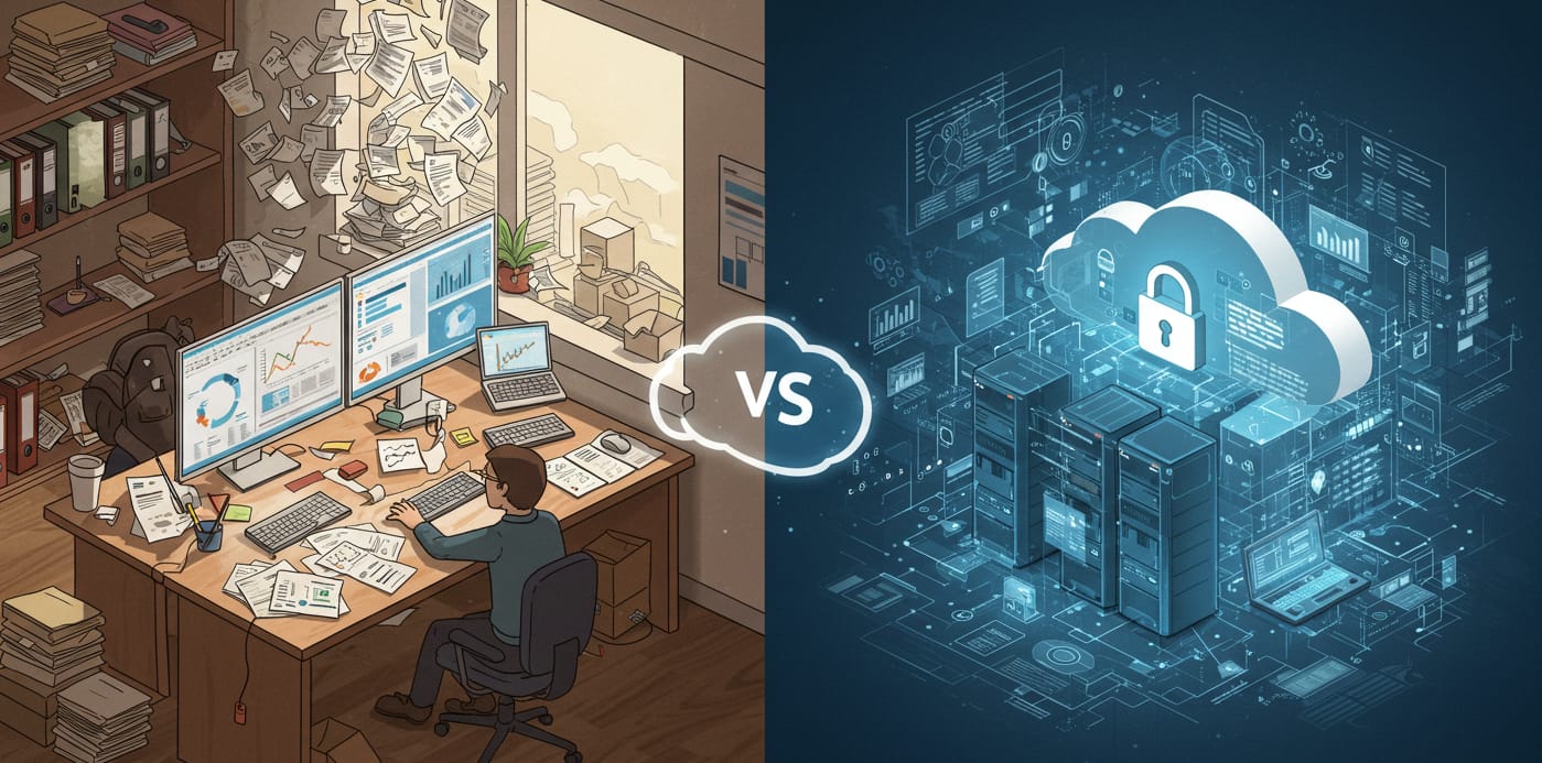 Diagrama que muestra la transición de sistemas aislados y Excel al control de una plataforma unificada como NetSuite