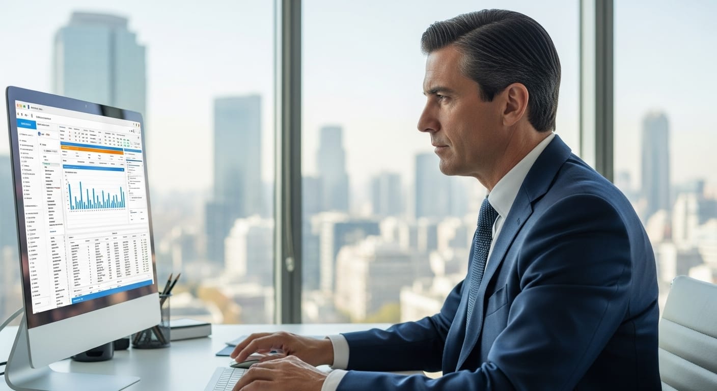 Director de un Family Office chileno utilizando un software de gestión patrimonial en su computador.
